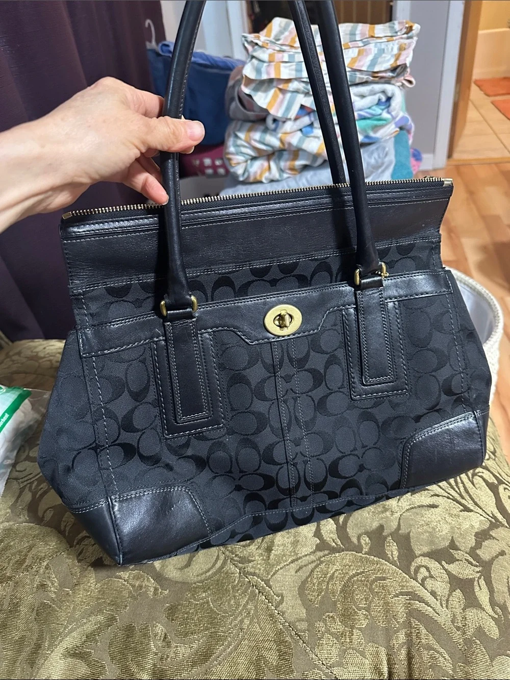 Coach Signature Black Jacquard Tote with Leather Trim
